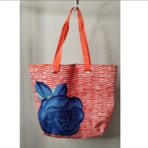 Lancome Paris Blue Rose Floral Orange Tote Beach Bag Purse